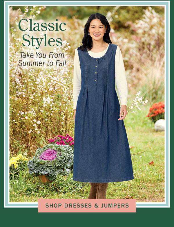Classic Styles Take You From Summer to Fall. Shop Dresses & Jumpers. Denim Pintuck Jumper, Women's USA Cotton Crewneck Long-Sleeve Tee