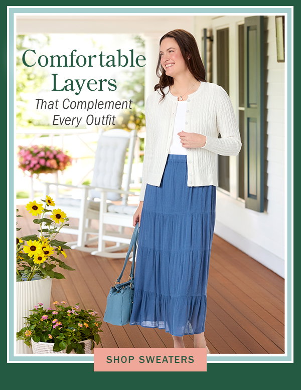 Comfortable Layers That Complement Every Outfit. Shop Sweaters. Women's Cable-Knit Cotton Cardigan, Soft Silhouette Tiered Maxi Skirt