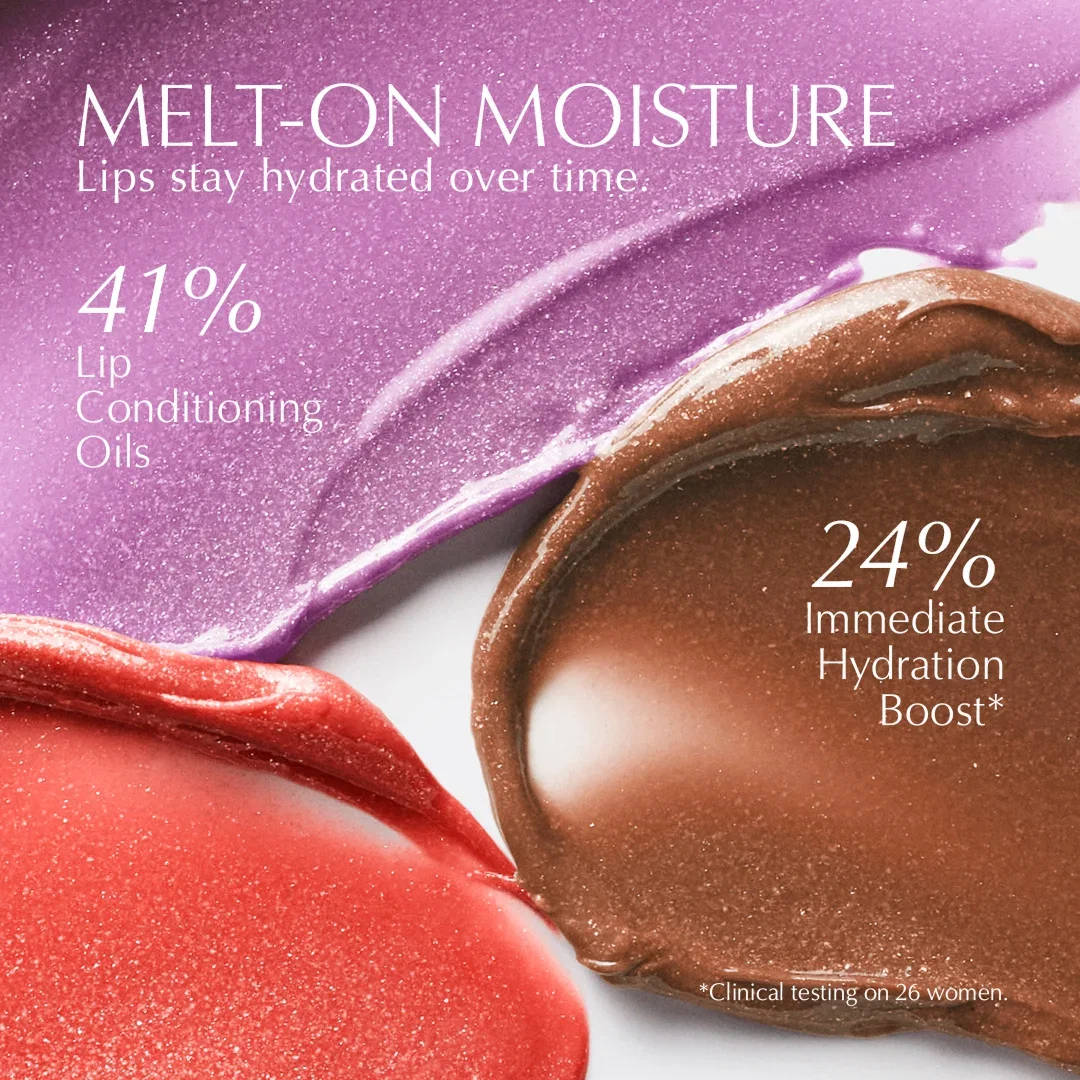 MELT-ON MOISTURE | Lips stay hydrated over time. | 41% Lip Conditioning Oils | 24% Immediate Hydration Boost* | Clinical testing on 26 women.