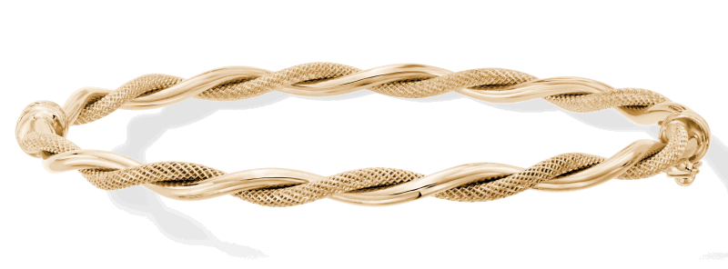 A twisted yellow gold bracelet with textured and polished links.