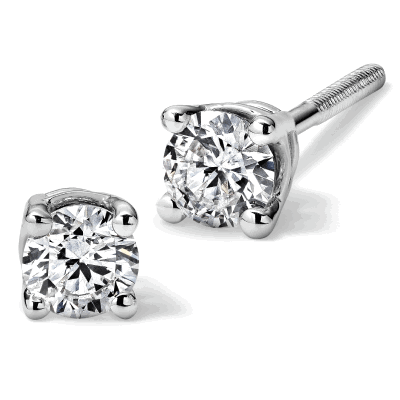 Round diamond stud earrings in white gold four-prong settings.