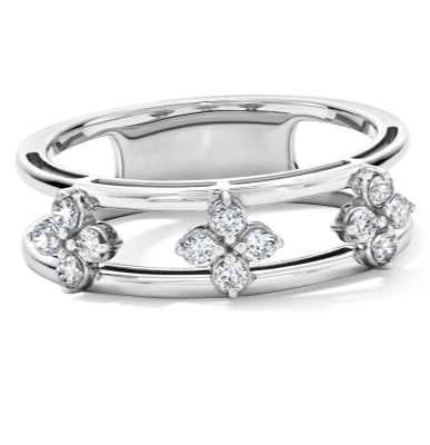 White gold ring featuring diamond-like marquise-cut stones in floral design.