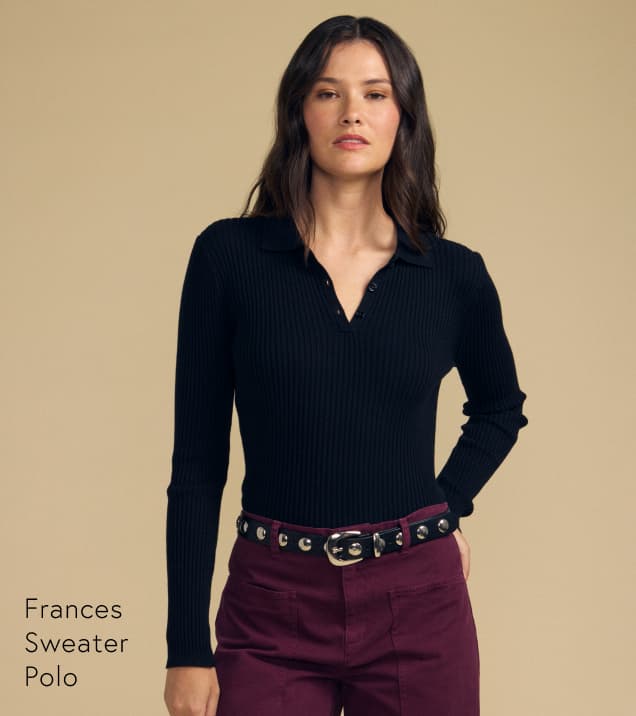 Image shows a model wearing the Frances Top in Black.