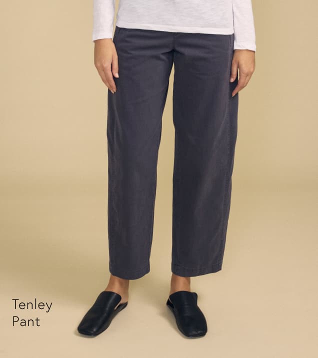 Image shows a model wearing the Tenley Pants in Graphite.
