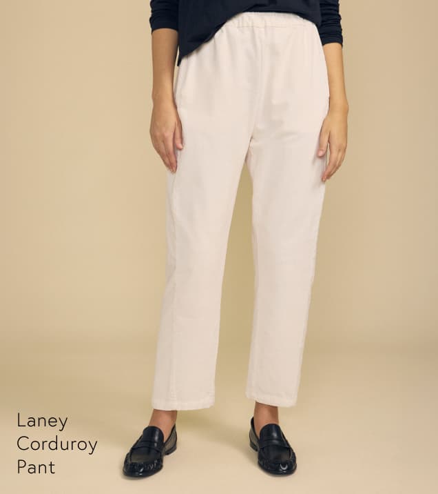 Image shows a model wearing the Laney Pants in Beach.