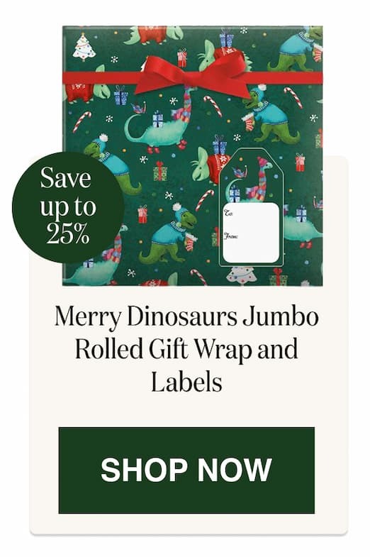 Merry Dinosaurs Jumbo Rolled Gift Wrap and Labels [Click here to Shop Now]