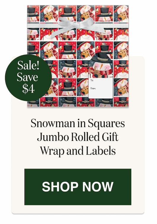 Snowman in Squares Jumbo Rolled Gift Wrap and Labels [Click here to Shop Now]