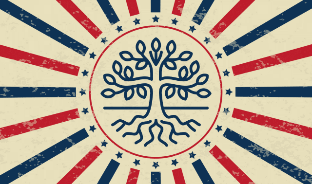 A stylized tree with roots is centered in a circle surrounded by stars, with red and blue rays radiating outward on a beige background.