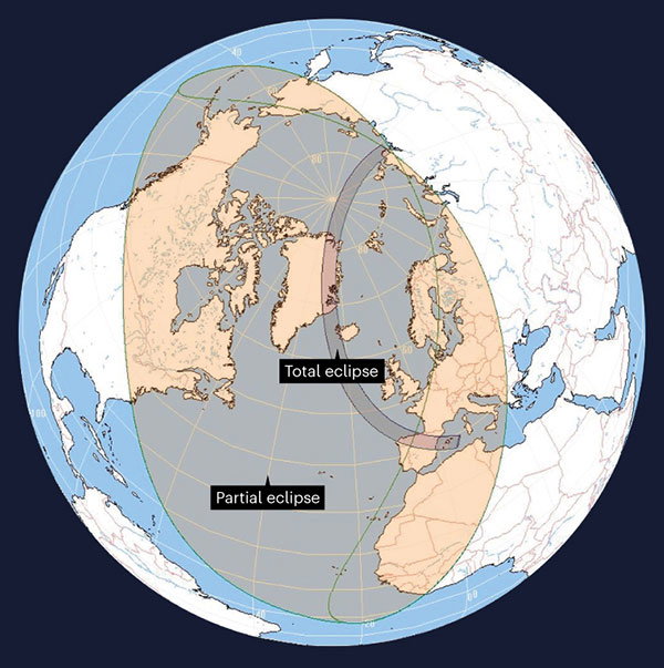 Globe showing where the total solar eclipse will be visible across Spain and Iceland and the partial eclipse across western Europe, north western Africa and Canada.