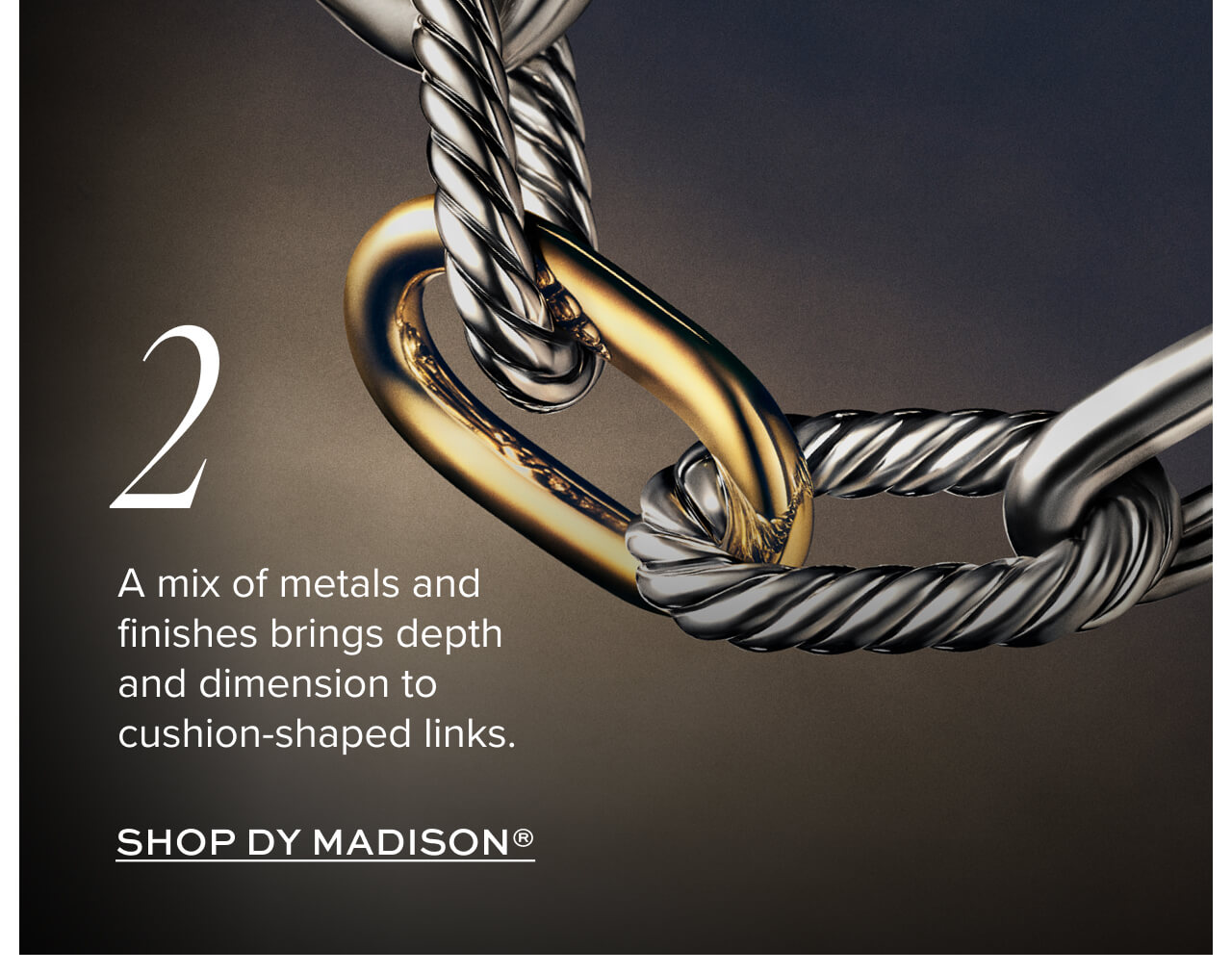 A mix of metals and finishes brings depth and dimension to cushion-shaped links.
