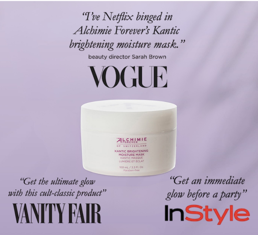 An image of a jar of Kantic® Brightening Moisture Mask with article quotes surrounding it.