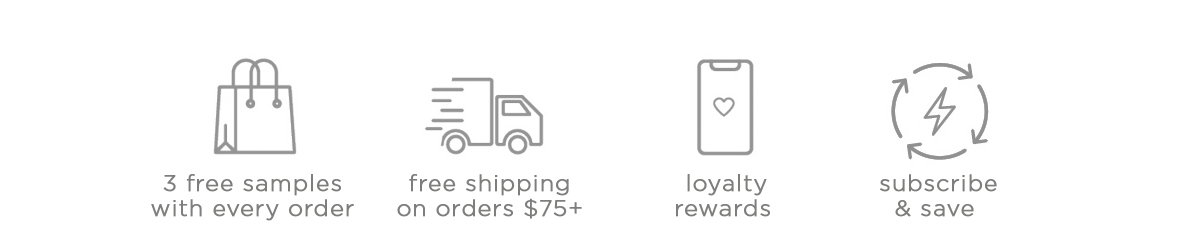 Alchimie Forever offers 3 free samples with every order, free shipping on orders of over $75, loyalty rewards, and subscribe and save shopping options