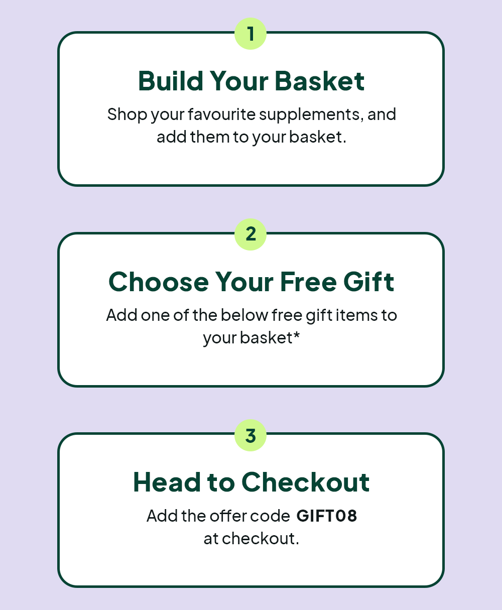Build your basket, choose your free gift, head to checkout and add the offer code GIFT08 at checkout