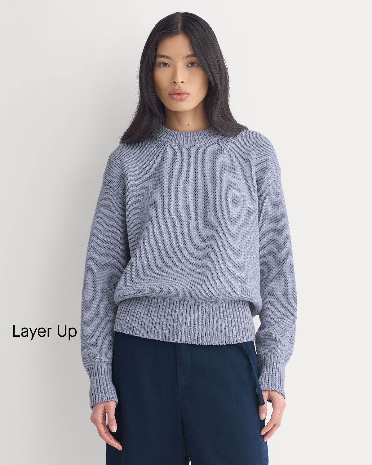 Image | Layer Up | Model in Oversized Cocoon Crew in Elevated Cotton | Aleutian