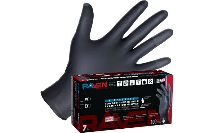 Image of SAS Safety - Raven® Patriot Powder-Free Exam Grade Black Nitrile Disposable Gloves - 7 Mil - BOX- Made in the USA