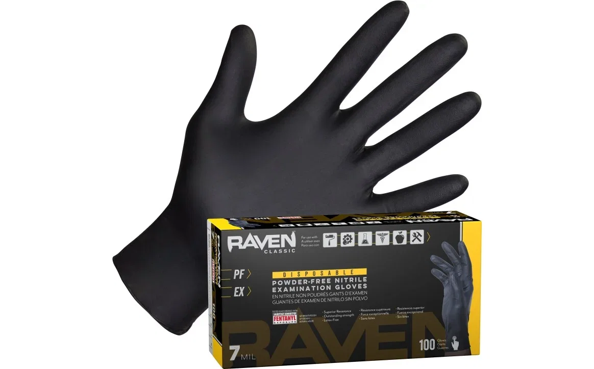 Image of Raven® - 7 Mil Thickness Textured Black Powder-Free Nitrile Exam Grade Disposable Gloves - Box