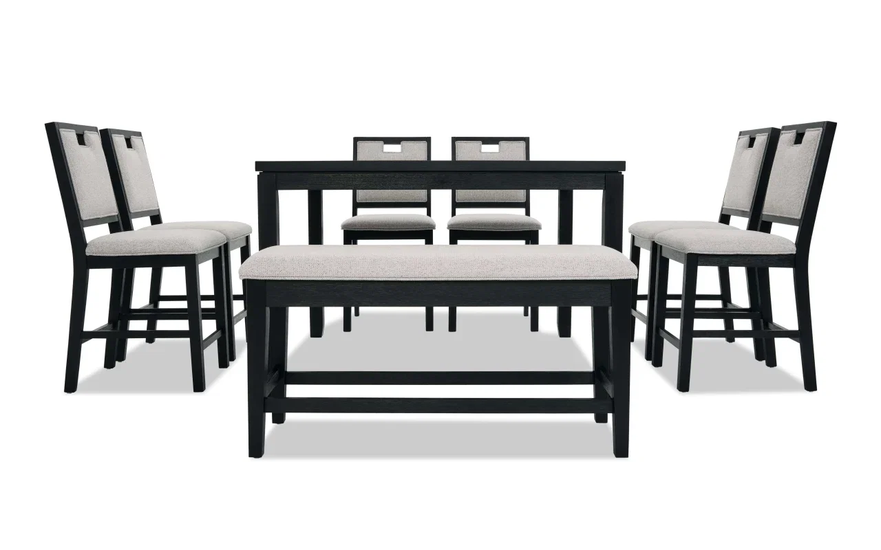 Brookline 8 Piece Black & White Upholstered Counter Height Square Dining Set with Storage Bench