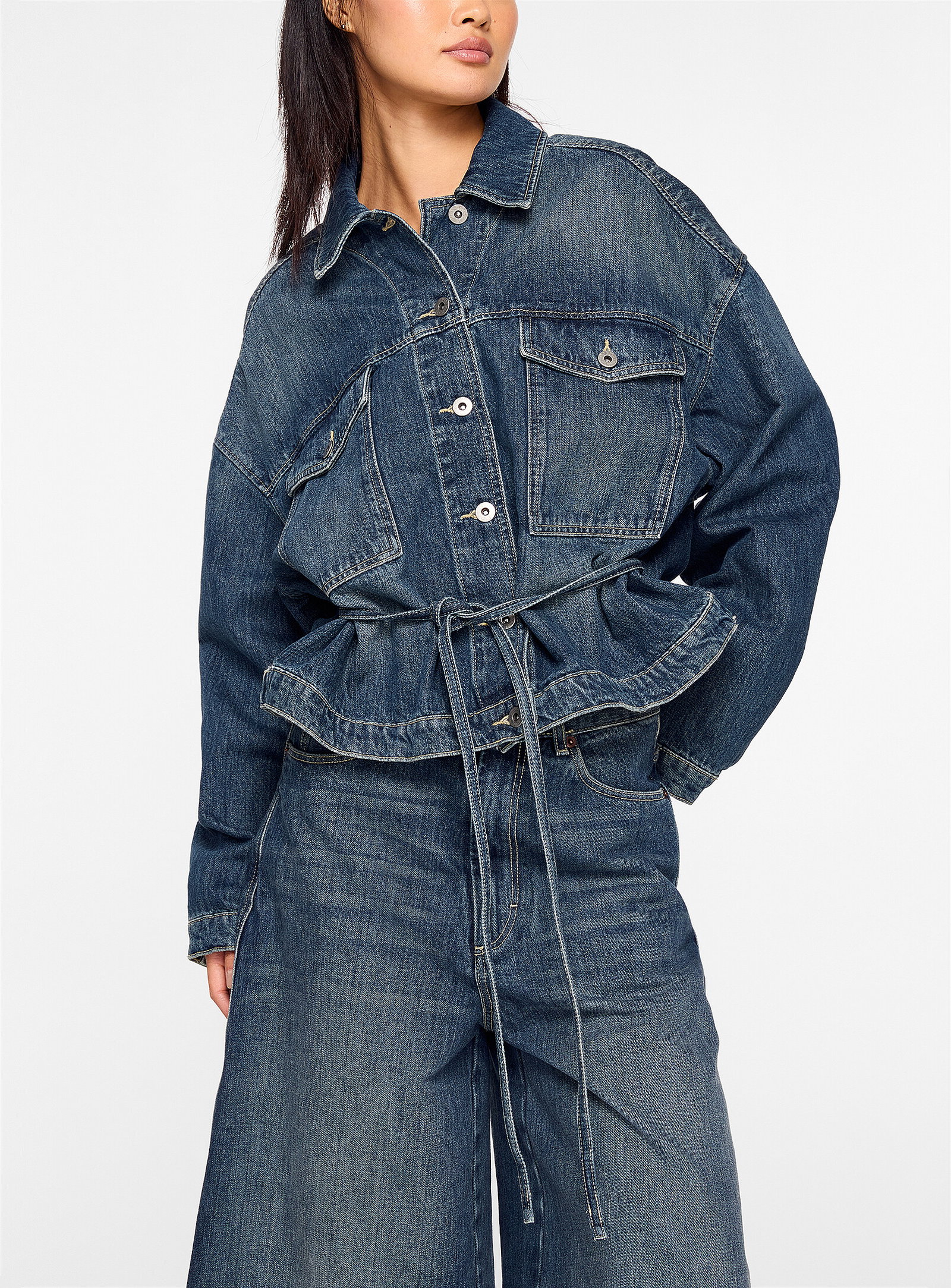 Lys belted faded blue jean jacket