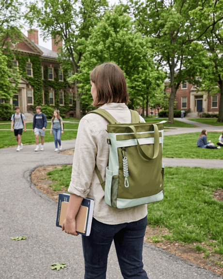 Student wearing the 25L Convertible Carryall as a backpack while walking across a college campus