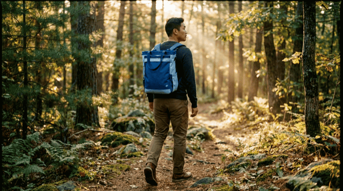 Man walking a sunlit forest trail carrying the 25L Convertible Carryall in Navy, backpack mode