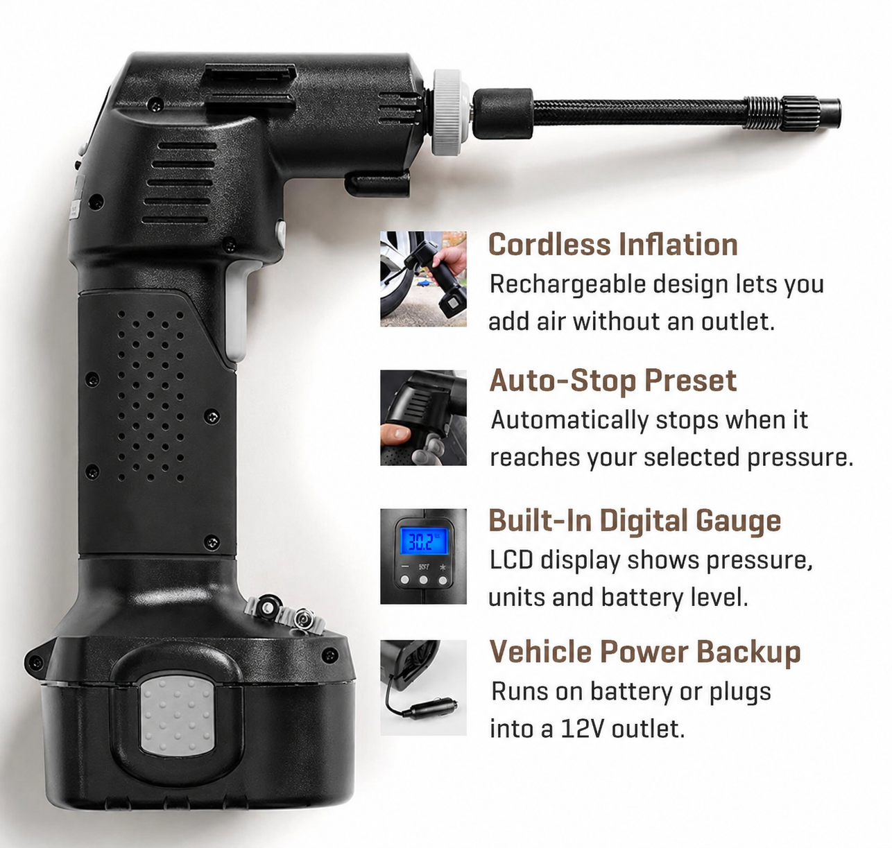 Low Stock Alert! Get our Rechargeable Tire Inflator and stay prepared on the road.
