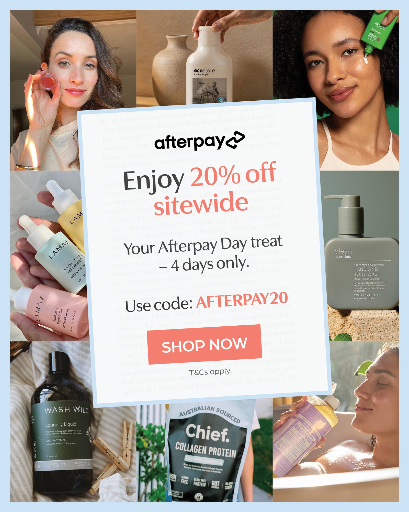 Enjoy 20% off sitewide with code AFTERPAY20. 4 days only!