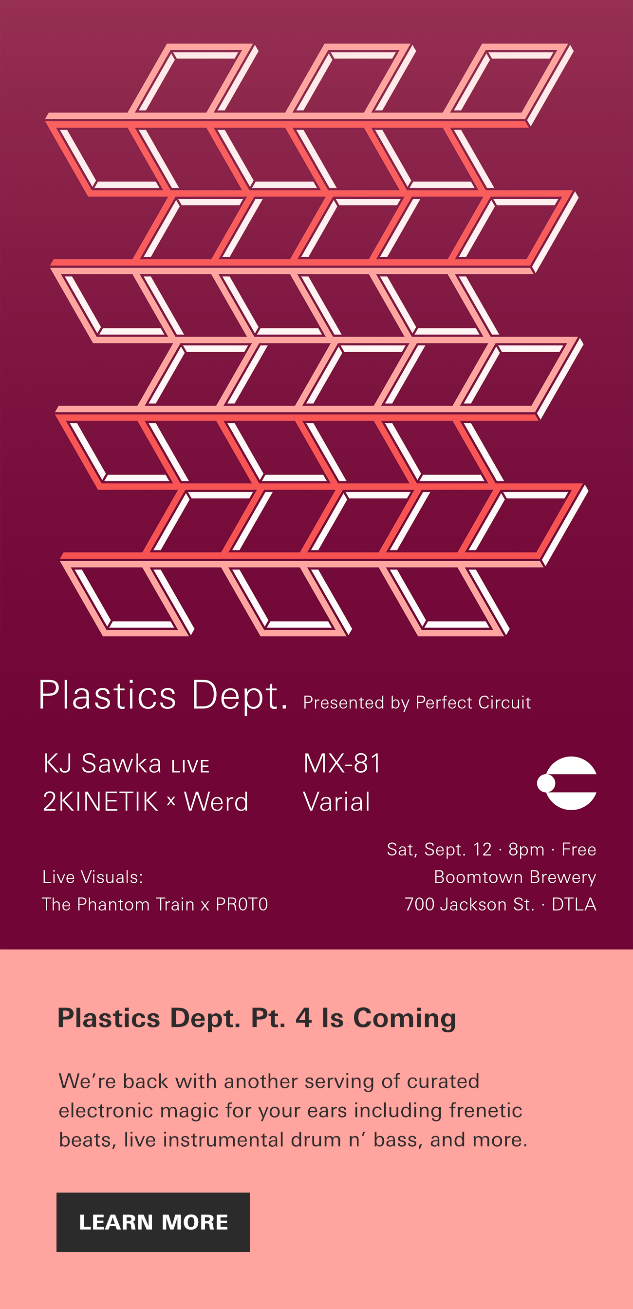 Plastics Dept is back! Join us Sat 9/12 at Boomtown Brewery for a night of electronic exploration