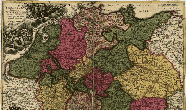 An old, detailed map of the Holy Roman Empire, with various regions highlighted in different colors such as green, pink, and yellow. The map includes inscriptions in German and Latin.