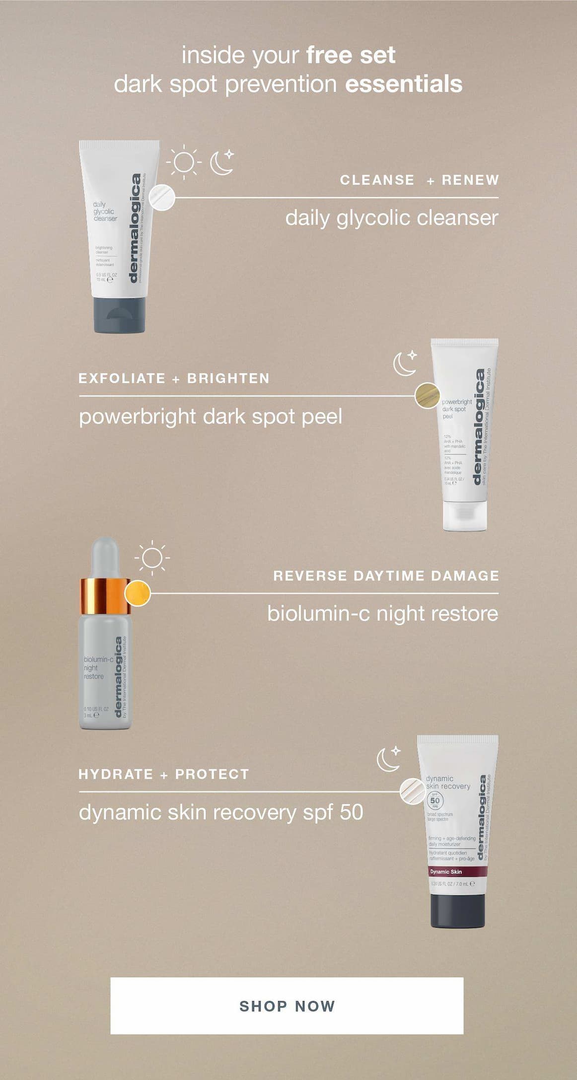 inside your free set​  dark spot prevention essentials​  ​  cleanse  + renew​  daily glycolic cleanser  ​  [badge:  AM/PM]​  ​  exfoliate + brighten ​  powerbright dark spot peel  ​  [badge: PM]​  ​  reverse daytime damage  ​  biolumin-c night restore  ​  [badge: PM]​  ​  hydrate + protect​  dynamic skin recovery spf 50​  [badge: AM]​  ​  SHOP NOW​