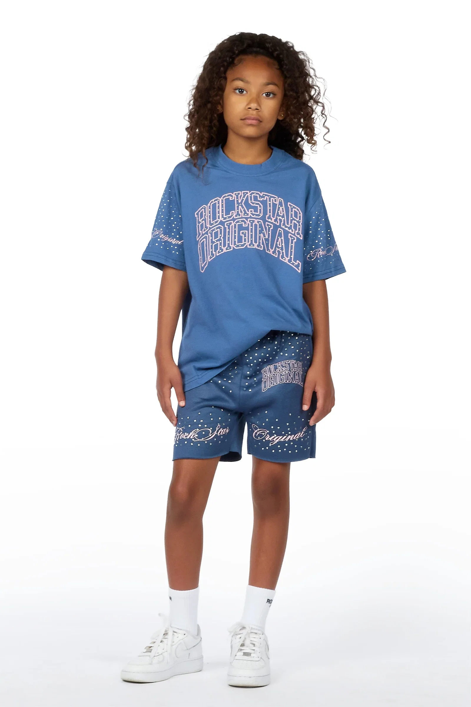 Image of Girls Lakisha Navy Rhinestone Oversized T-Shirt Short Set