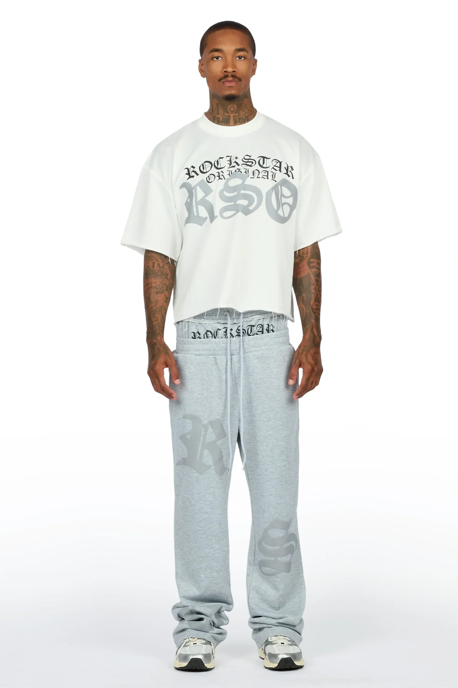 Image of Burke Heather Grey Chenille Patch Boxy Tee/Double Waistband Pant Track Set