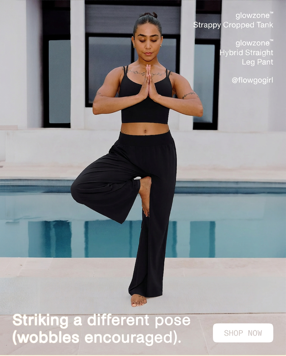 Woman in black yoga attire balances in a tree pose by a pool, with product details and a call to action.