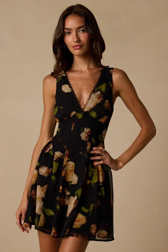 Image of Kristen Black Floral Print Mini Dress