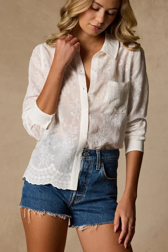 Image of Merit Ivory Embroidered Collared Top