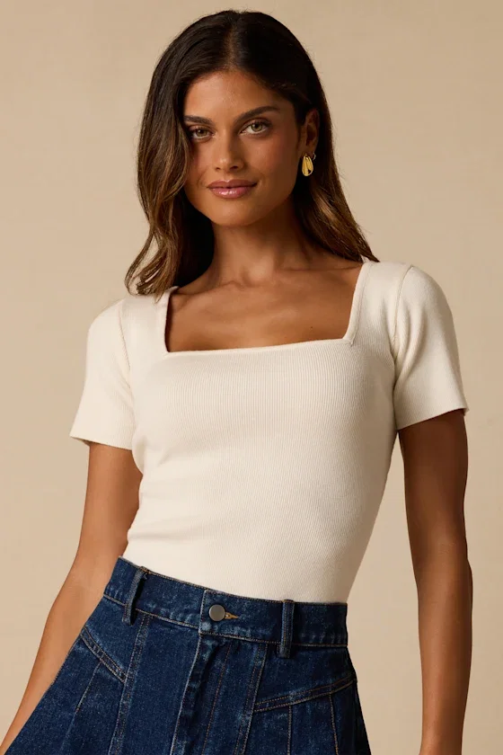 Image of Dalida Ivory Ribbed Knit Short Sleeve Top