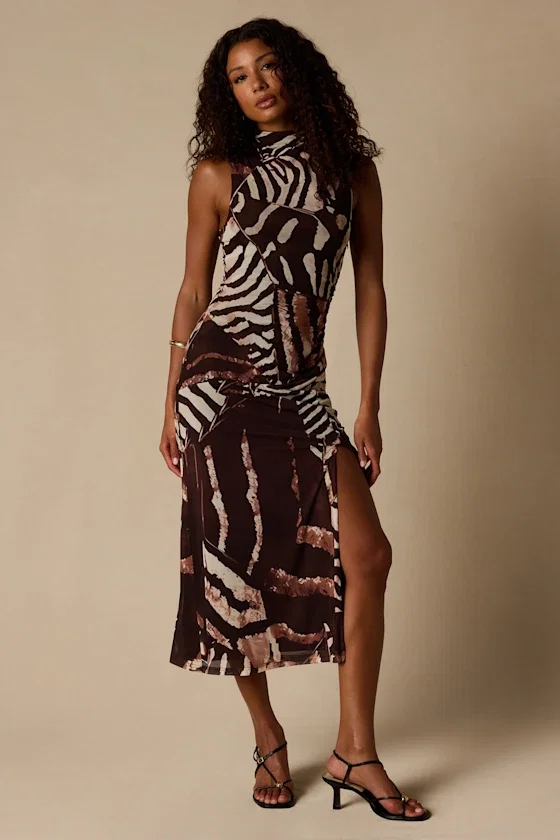 Image of Rosannah Brown Multi Abstract Mesh Mock Neck Midi Dress