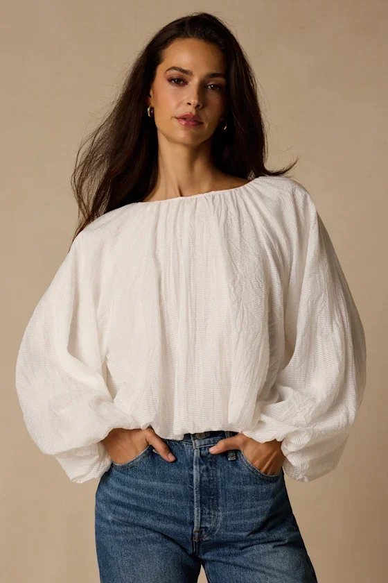 Image of Mavis Ivory Striped Balloon Sleeve Top