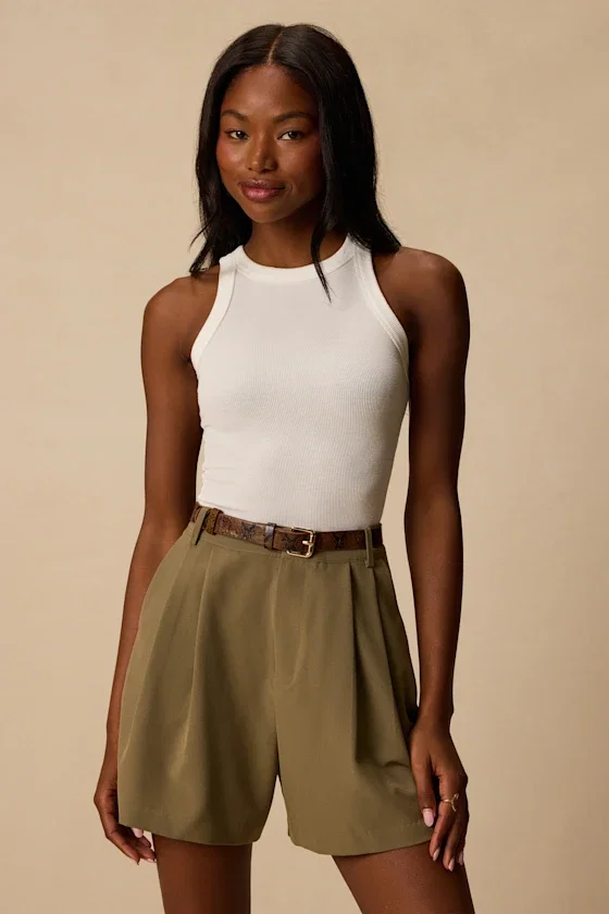 Image of Sharise Olive Pleated High-Rise Shorts