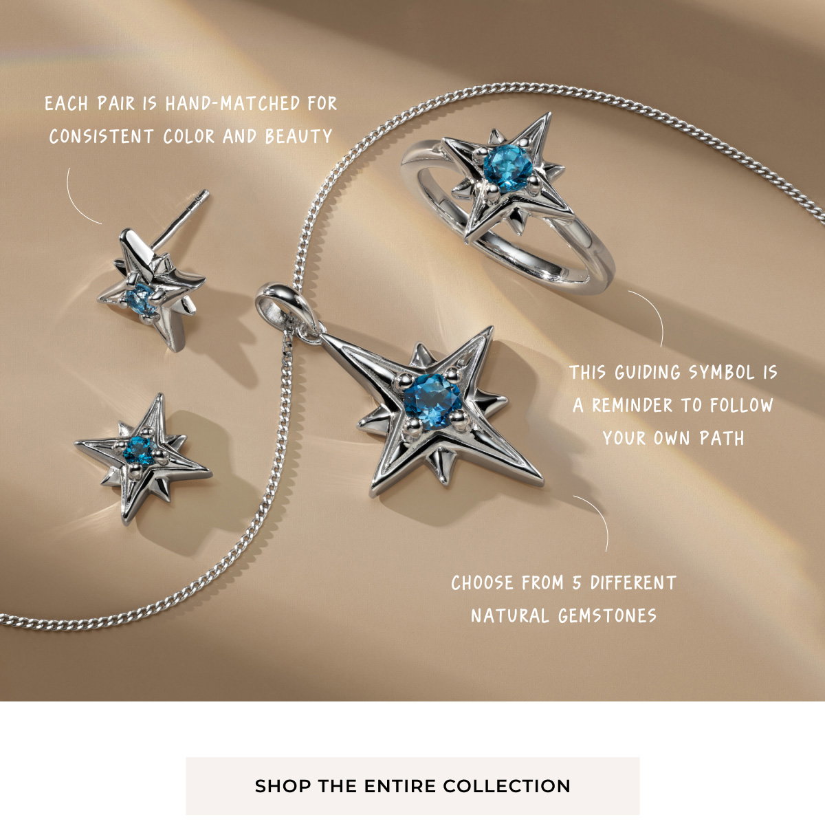 Each pair is hand-matched for consistent color and beauty • This guiding symbol is a reminder to follow your own path • Choose from 5 different natural gemstones - Shop the Entire Collection >