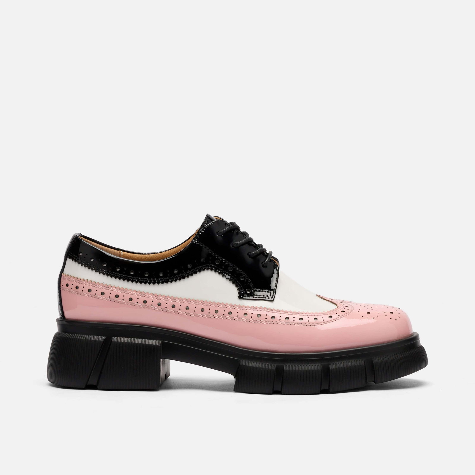 Image of Ms. Alexander Black/White/Pink Patent Leather Lug Wingtip Derby