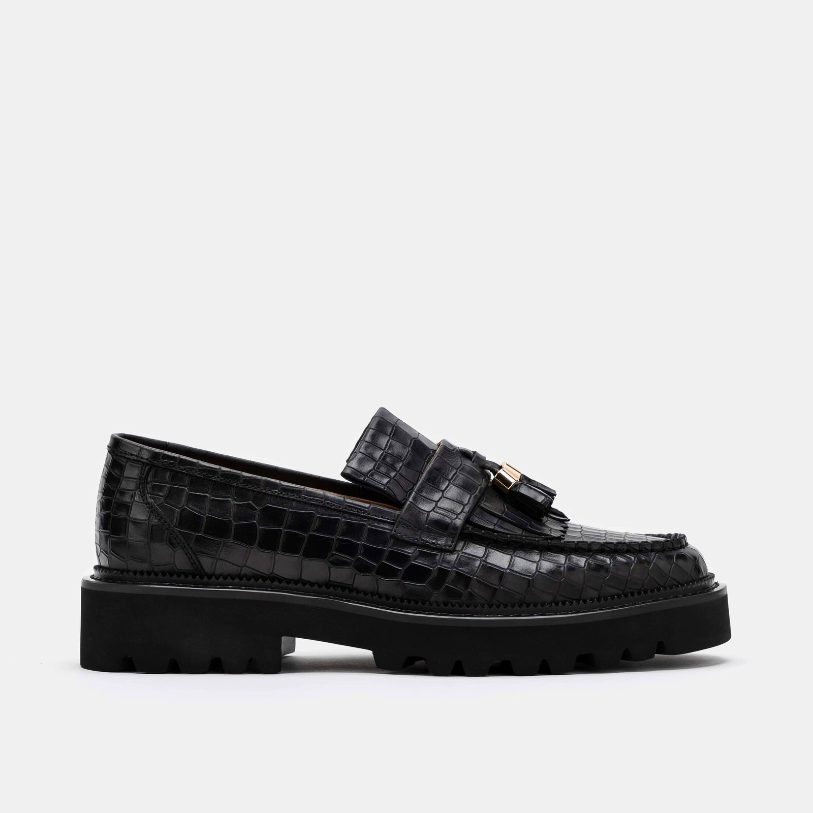 Image of Journey Black Croc Leather Lug Tassel Loafer