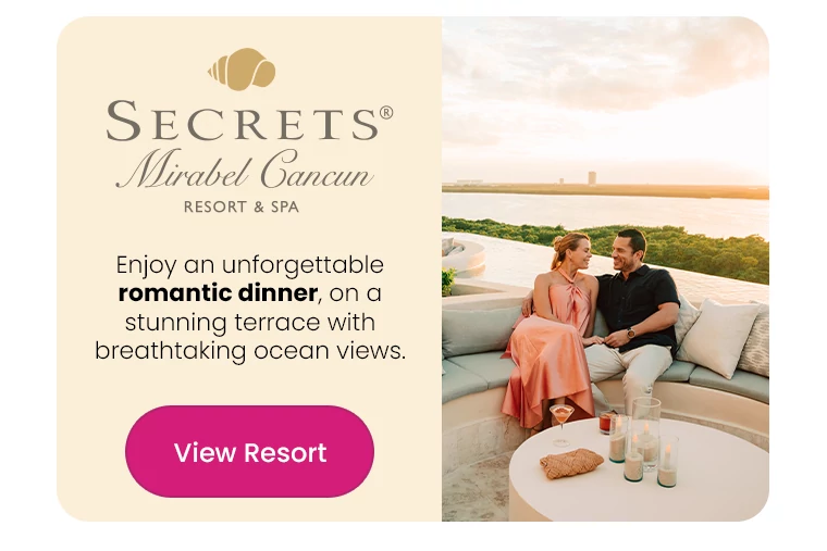 Secrets® Mirabel Enjoy an unforgettable romantic dinner, on a stunning terrace with breathtaking ocean views.