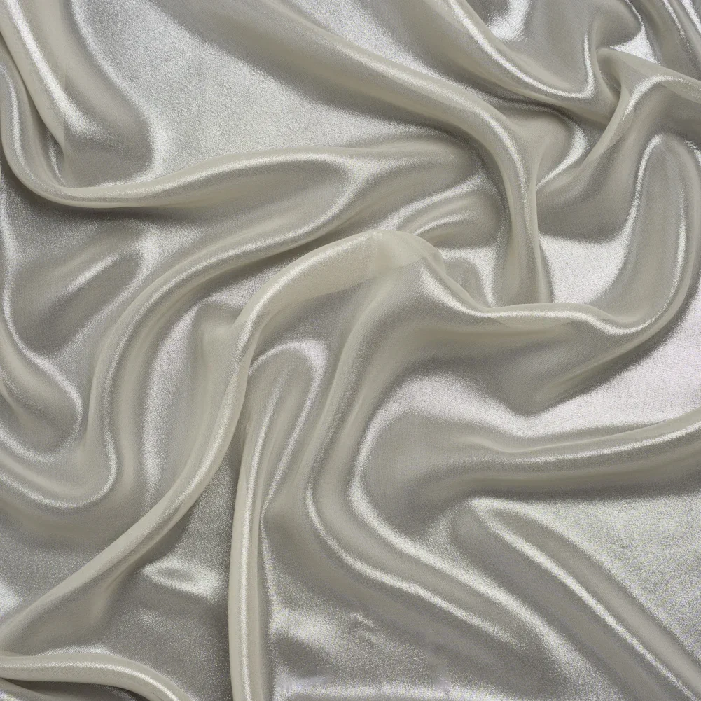 Image of Liquid Sheen Metallic Polyester Chiffon - Silver on Beige - Liquid Sheen Chiffon Collection