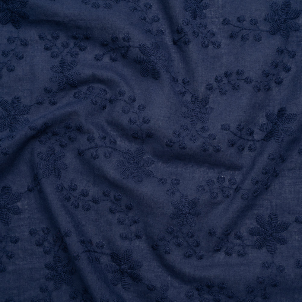 Image of Embroidered Eyelet Cotton Voile - Medieval Blue Flowers on Branches - Naomi Collection