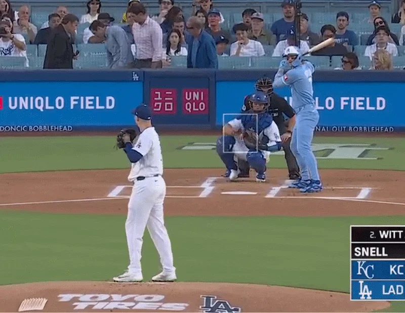 An animated GIF of Blake Snell striking out Bobby Witt Jr.