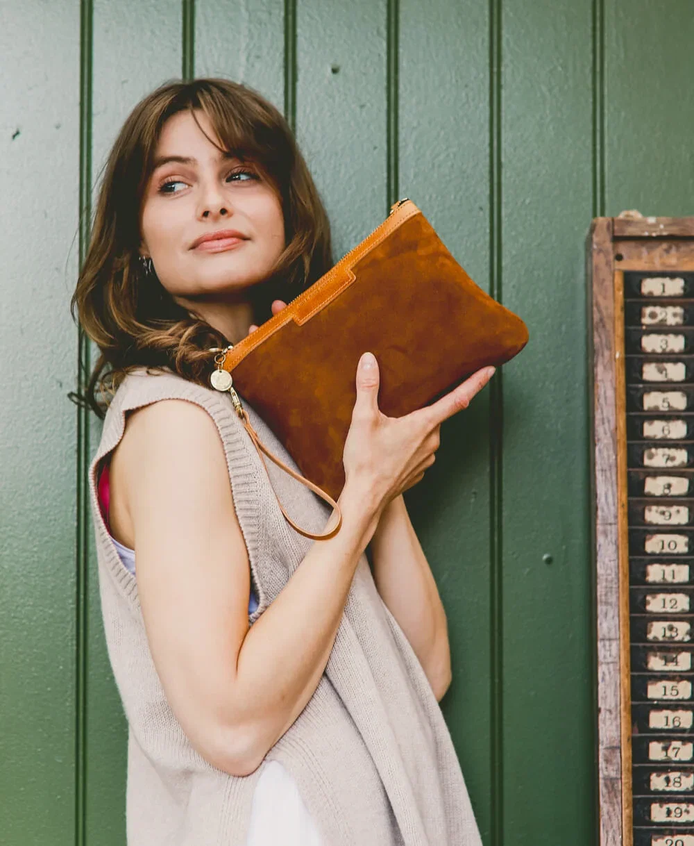 Oversized Clutch in Dark Tan Suede
