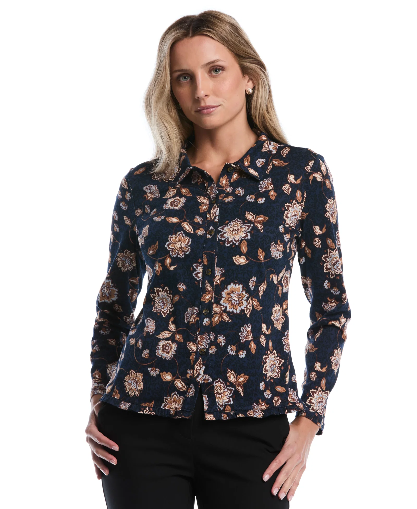 Image of Petite Floral Print Ruffle Trim Button-Up Top