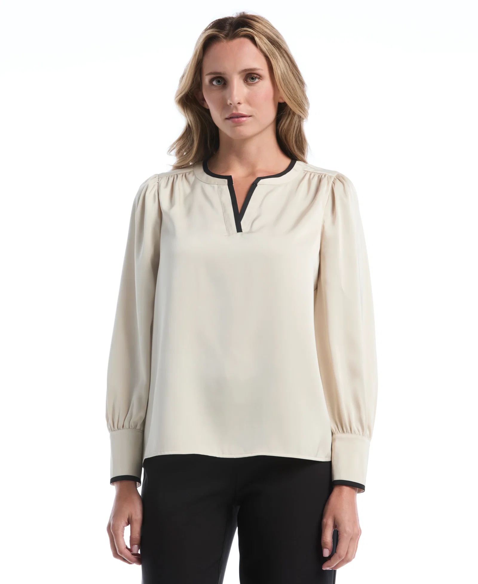 Image of Petite Split Neck Contrast Trim Blouse