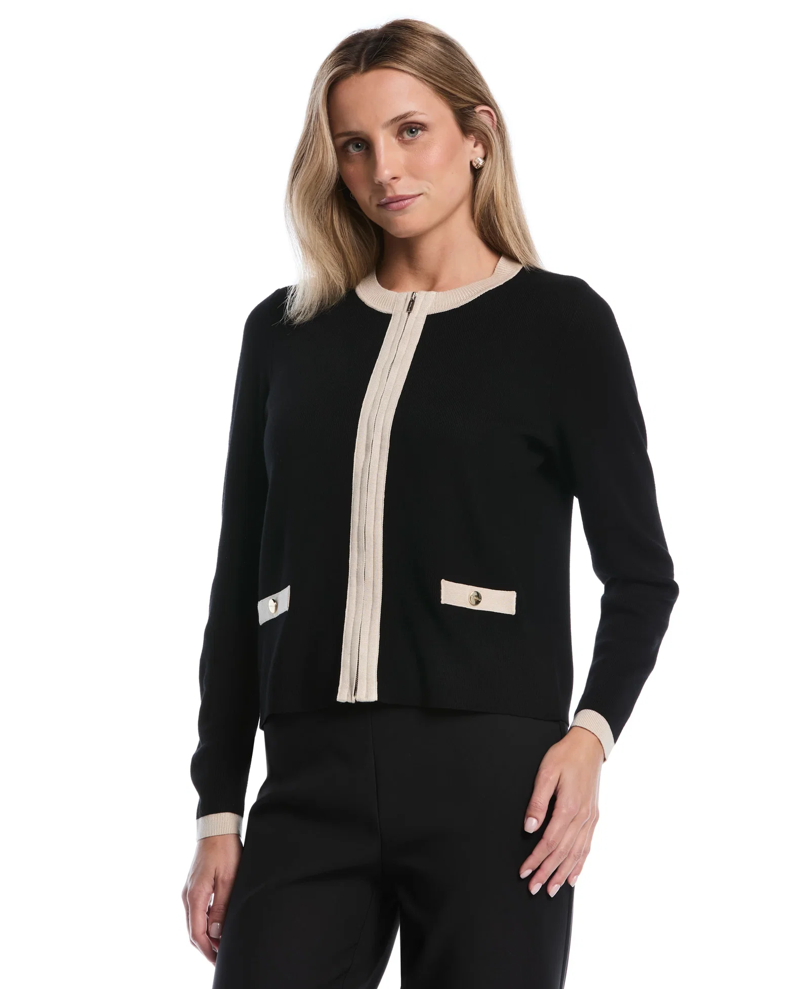 Image of Petite Color Block Zip Up Cardigan Sweater