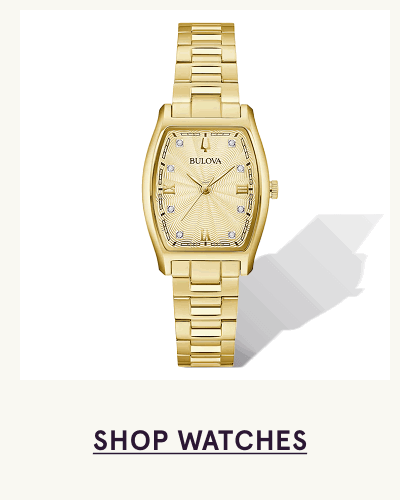 Gold Bulova watch with tonneau-shaped case, textured dial & classic link bracelet. Click here to shop watches